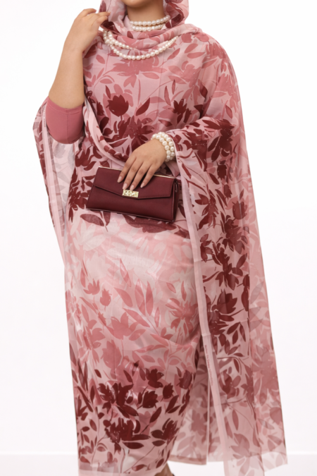 Light Pink/ Maroon Leaves Full Width Swiss Voile